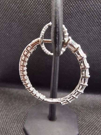 ELEGANT 14K WHITE GOLD HOOP LAB DIAMOND EARRINGS