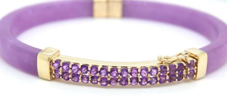 14kt Yellow gold Amethyst and purple Jade bangle bracelet