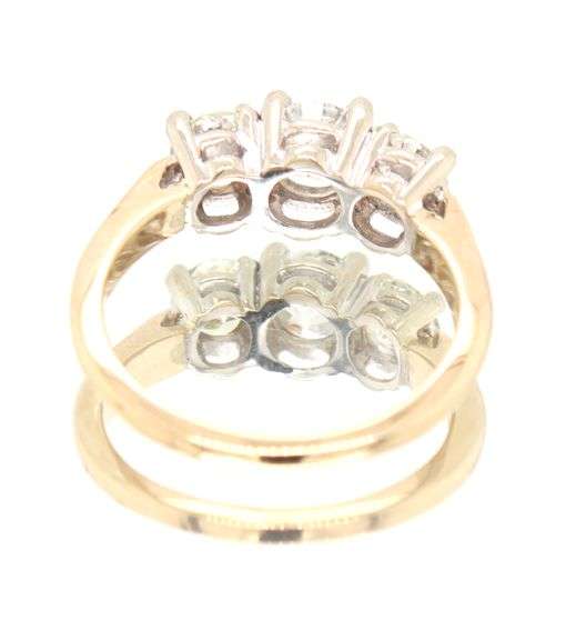 14kt Yellow gold 1.25ctw European and round cut 3 stone diamond ring