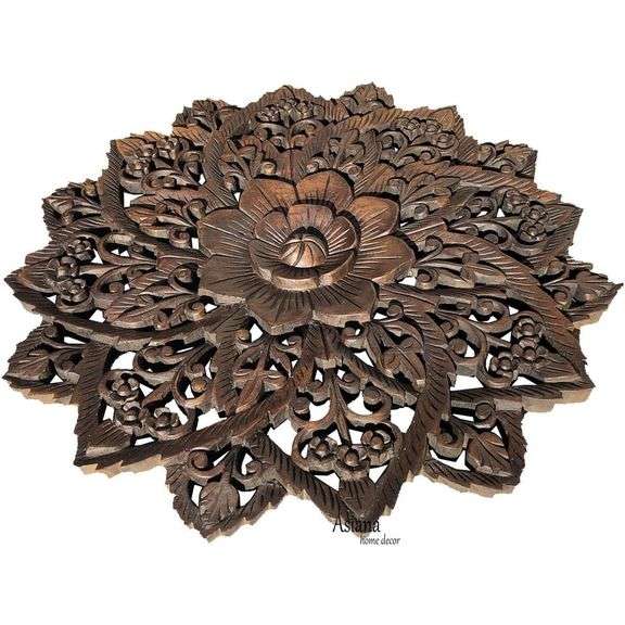 Hand-Carved Teak Wood Water Lily Art