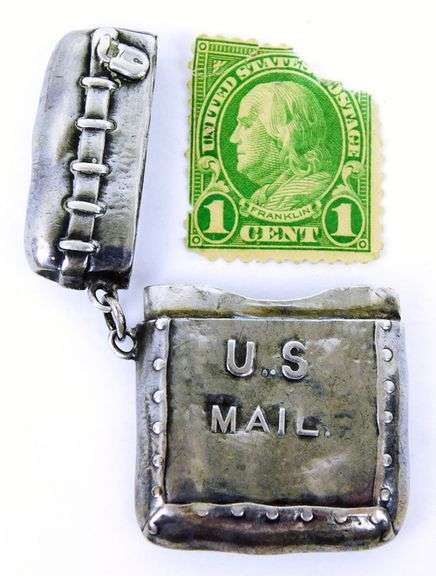 Antique Sterling U.S. Mail Stamp Case & 1 Cent Stamp