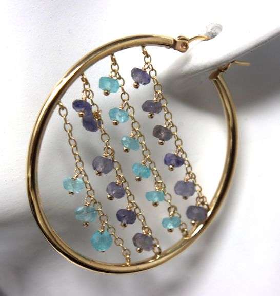 14kt Yellow gold Iolite and aquamarine beaded dangle earrings