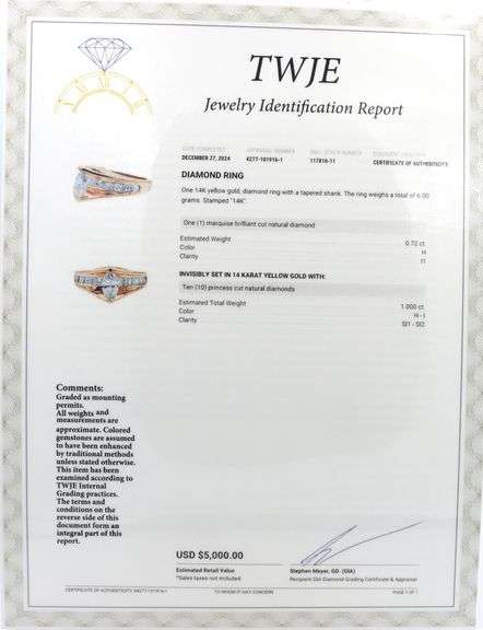 14kt Yellow gold 1.72ctw diamond ring with a tapered shank