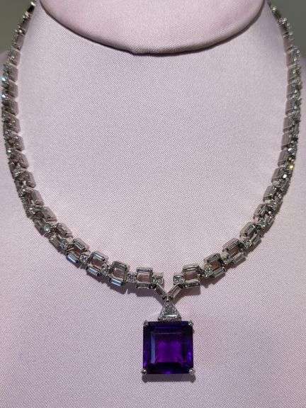 14k white gold Exquisite 9.25 cwt. Amethyst & Diamond Necklace – A Masterpiece of Elegance