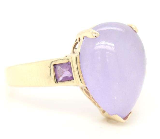14kt Yellow gold pear shaped Lavender jade and square amethyst bezel set ring