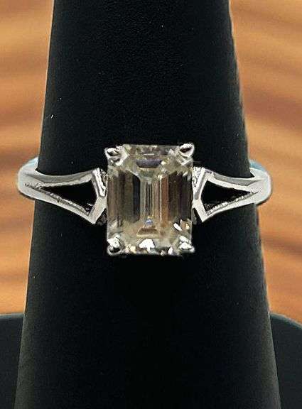 14 Kt White Gold Plated 2.25 Ct Emerald Cut Moissanite Ring