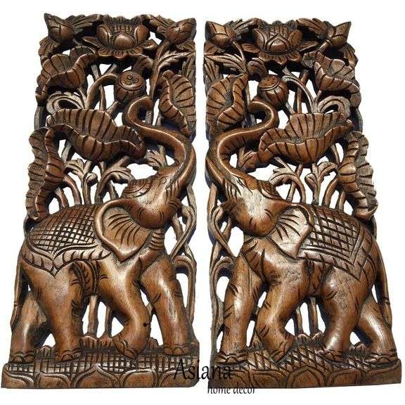 Set of 2 Hand-Carved Elephant Teak Wood Wall Panels