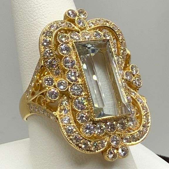 Victorian Emerald-Cut Aquamarine and Diamond Ring in 14K Gold, Size 10