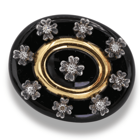 Old Vintage 40 Ct Black Oval Onyx with Natural Diamond Brooch