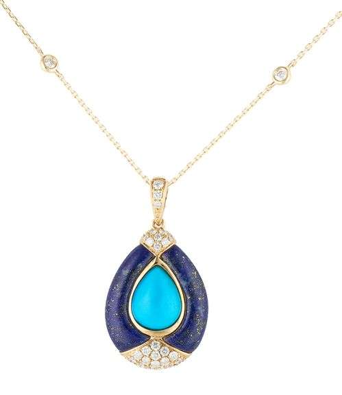 Pear Shaped Turquoise Blue Lapis and 0.65ctw Diamond Pendant Necklace in 14K