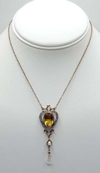 Victorian 14K Yellow Gold Citrine and Pearl Necklace