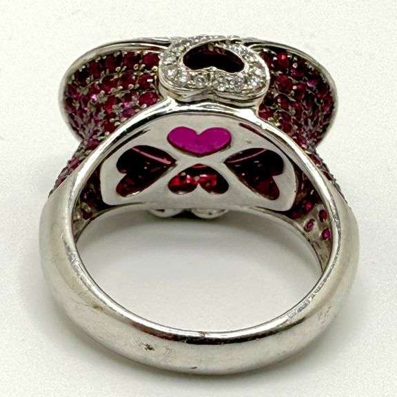 Cabochon Rubellite Tourmaline Cocktail Ring in 18K White Gold with Diamonds and Rubies