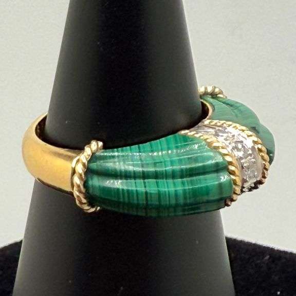 1960 Vintage 18K Gold Malachite and Diamond Piece
