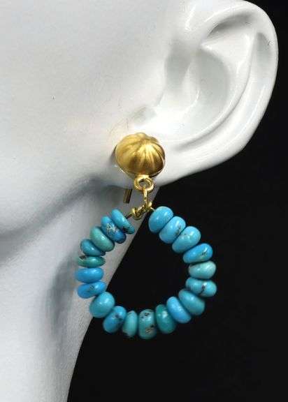 18kt Yellow gold turquoise and gold beaded hoop earrings