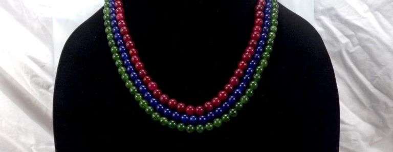 Beautiful 3 Strand 672 Cttw Natural Ruby, Emerald and Blue Sapphire Bead Necklace