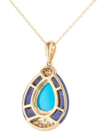 Pear Shaped Turquoise Blue Lapis and 0.65ctw Diamond Pendant Necklace in 14K