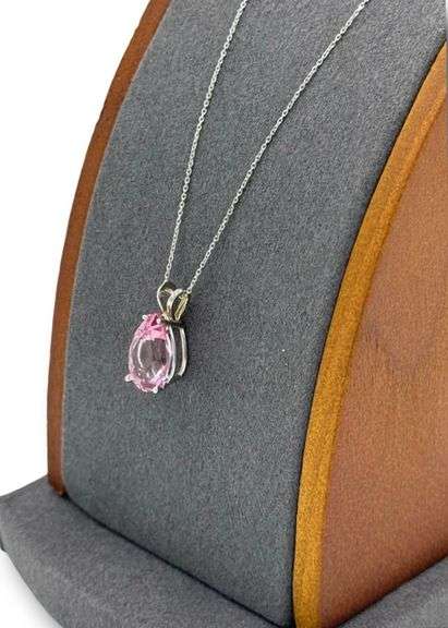 14kt White gold 3ctw pear shaped pink topaz pendant on chain