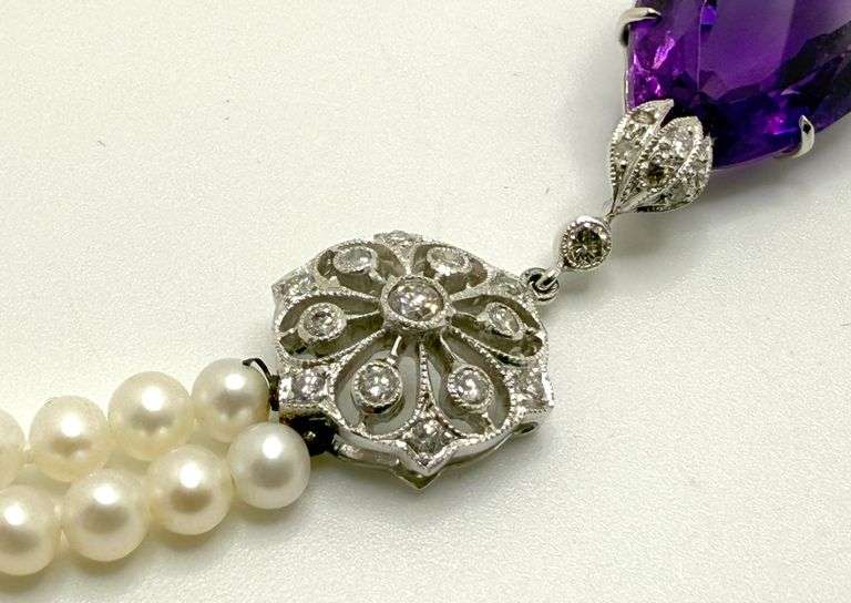 Antique Pearl necklace, 18k white gold 10.50 CT Amethyst and 0.40 ctw diamonds