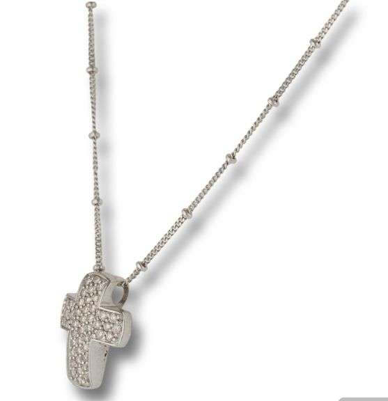 14kt White Gold Pave Diamond Cross on Saturn Chain