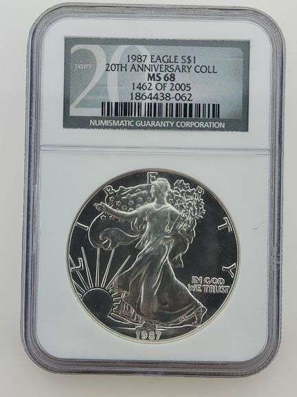 1987 NGC MS 68 $1 AMERICAN 1 OZ SILVER EAGLE 20th ANNIVERSARY