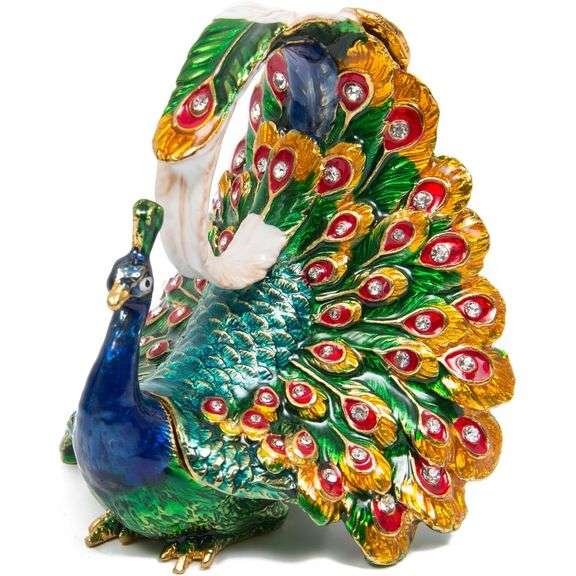 Hand-Painted Peacock Trinket Box with Rhinestones