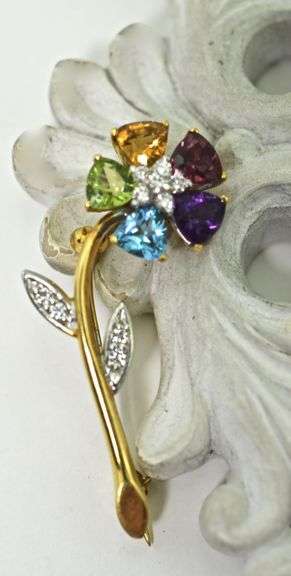 Colorful 18K Yellow Gold Gemstone Flower Brooch