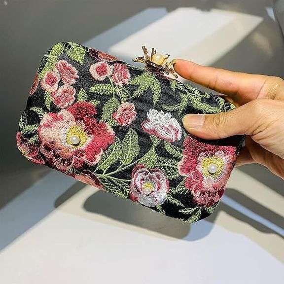 Embroidered Beaded Clutch Evening Bag with Chain