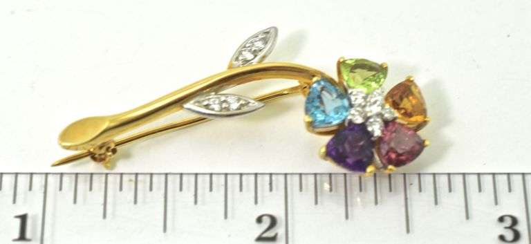 Colorful 18K Yellow Gold Gemstone Flower Brooch