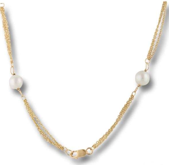 Stunning Yellow Gold 6.5mm Pearl Station Necklace