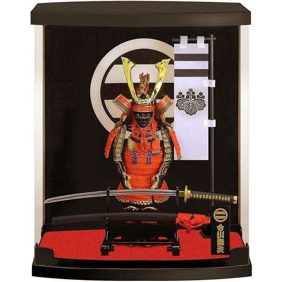 Samurai with Red Armor and Katana in Display Case