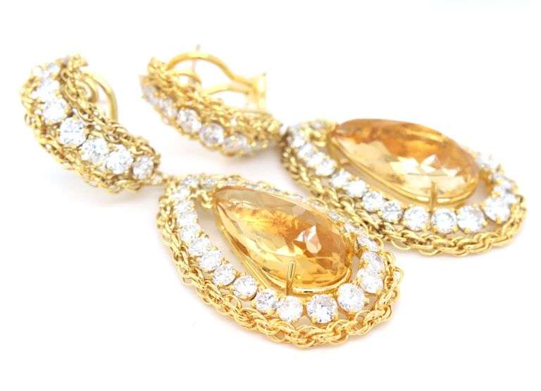 One pair of 14kt yellow gold convertible citrine and diamond dangle drop earrings