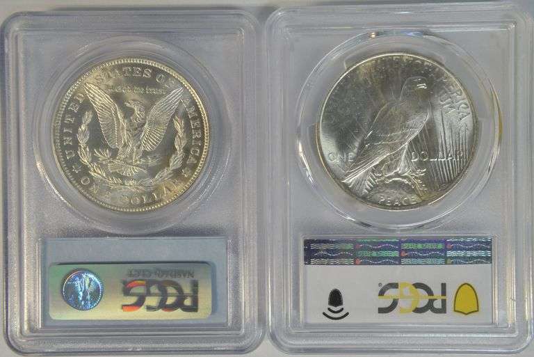 Nearly Gem BU 1921 Morgan & 1923 Peace Silver Dollar. PCGS MS64