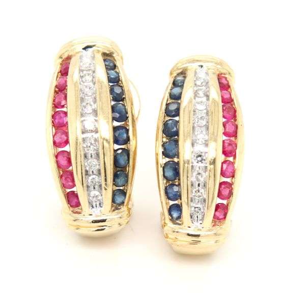 14kt Yellow gold ruby, sapphire and diamond earrings