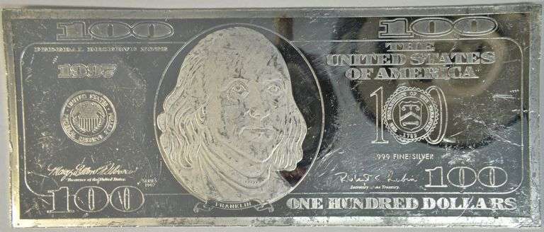 Attractive 4 Troy Oz $100 bill facsimile pure .999 fine silver bar