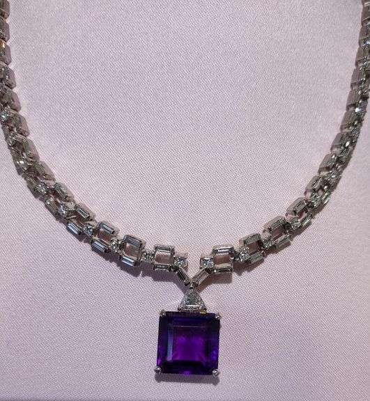14k white gold Exquisite 9.25 cwt. Amethyst & Diamond Necklace – A Masterpiece of Elegance