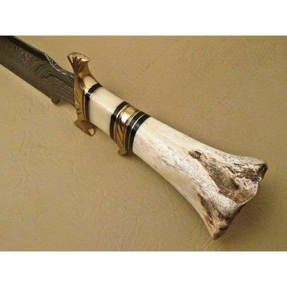 15-Inch Damascus Steel Hunting Knife with Camel Bone Handle