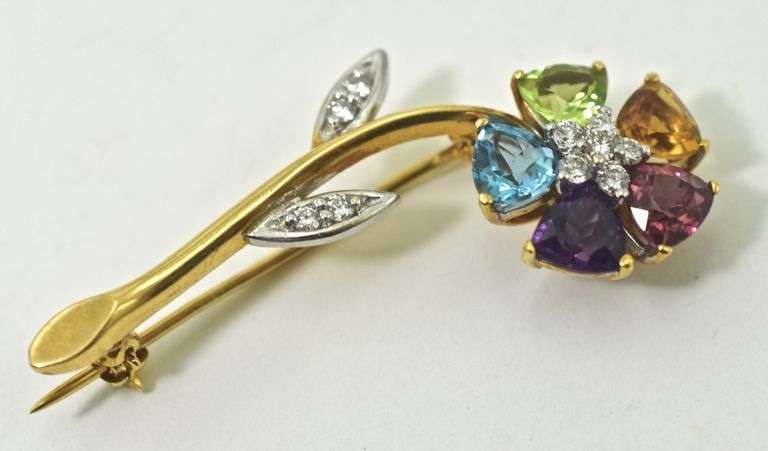 Colorful 18K Yellow Gold Gemstone Flower Brooch