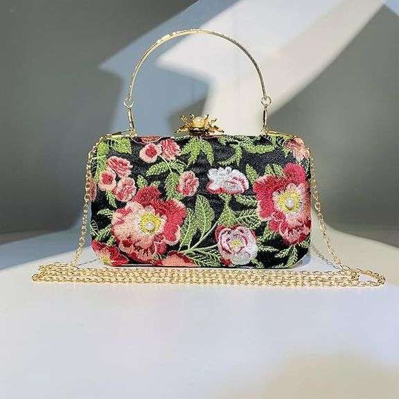 Embroidered Beaded Clutch Evening Bag with Chain