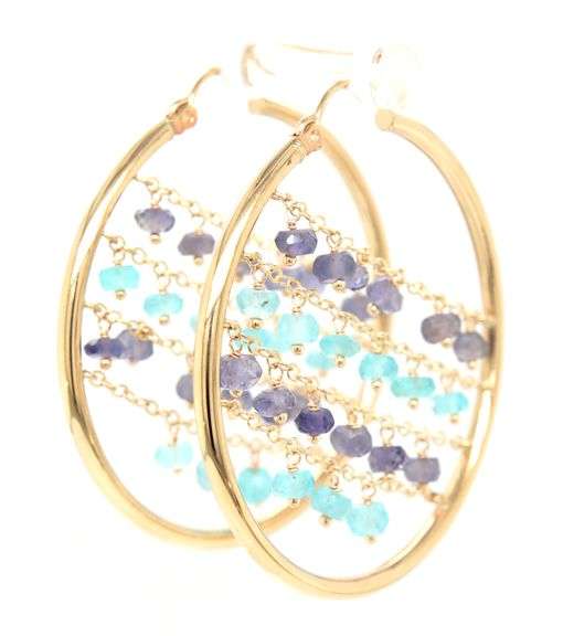 14kt Yellow gold Iolite and aquamarine beaded dangle earrings