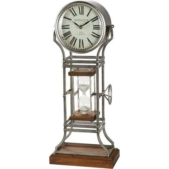 Rustic Metal Hourglass Clock with Wood Base