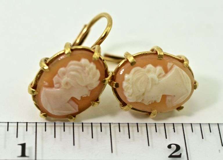 Feminine 18K Yellow Gold Lever Back Cameo Earrings