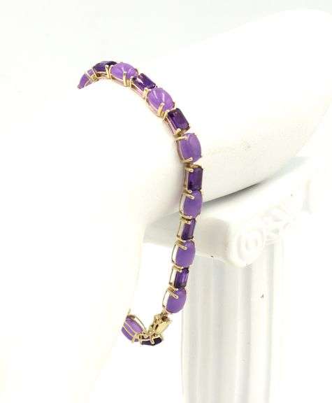 14kt Yellow gold 6ctw emerald cut amethyst and oval Jade link bracelet