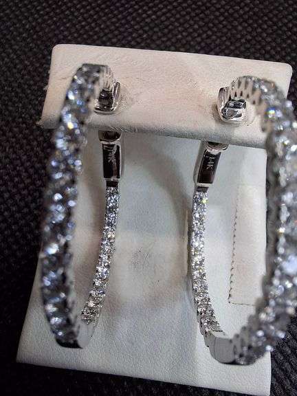 UNIQUE 14 K WHITE GOLD HOOP LAB DIAMOND EARRINGS