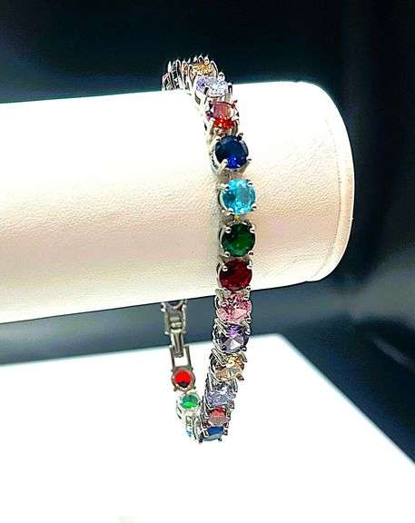 Incredible 18 Kt White Gold Plated Mixed Color Simulated Sapphire Tennis Bracelet