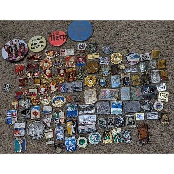 Collection of 100 Authentic Soviet-Era Enamel Pins and Badges