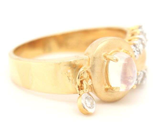 18kt Yellow gold oval moon stone and bezel diamond charm ring