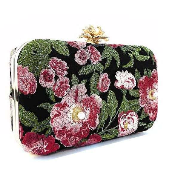 Embroidered Beaded Clutch Evening Bag with Chain