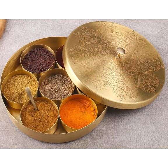 Pure Brass 7 Spice Containers and Spoon