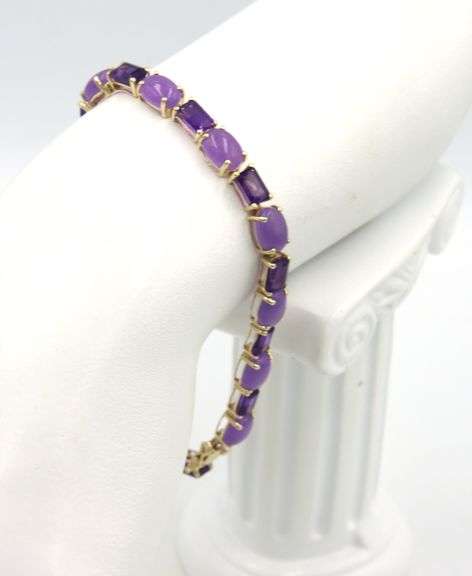 14kt Yellow gold 6ctw emerald cut amethyst and oval Jade link bracelet