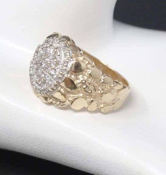 14kt Yellow gold diamond cluster halo nugget men's ring